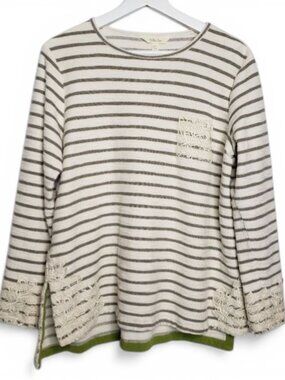 Matilda Jane Striped Top Women Terry Crochet Laced Accent Low High Hem L